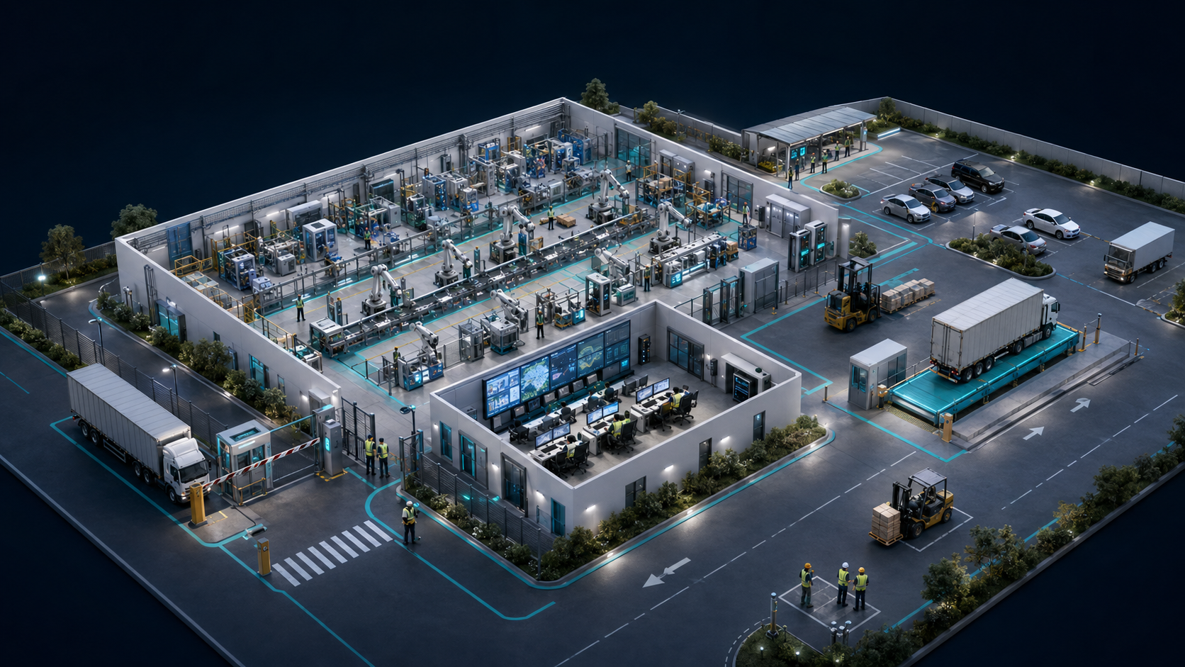 Isometric factory campus with production line, yard, utilities and assembly point